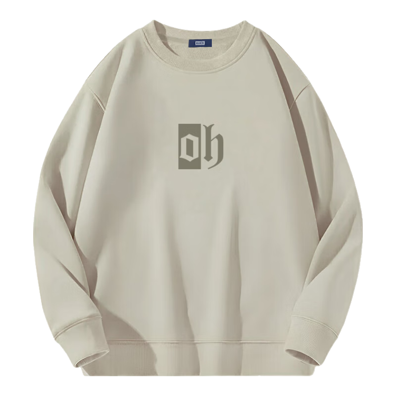Mianzhi National Trend Brand Men's Sweatshirt, Hong Kong Style Round Neck Versatile Top, Loose Base Layer, Couple Outfit, Khaki, 2XL