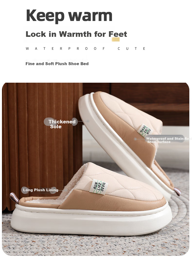GUOLUOFEI Spring And Autumn Slippers for Men, Waterproof Indoor Cotton Slippers for Women, Thick-Soled Non-Slip Cotton Slippers, Khaki, Size 44/45 2