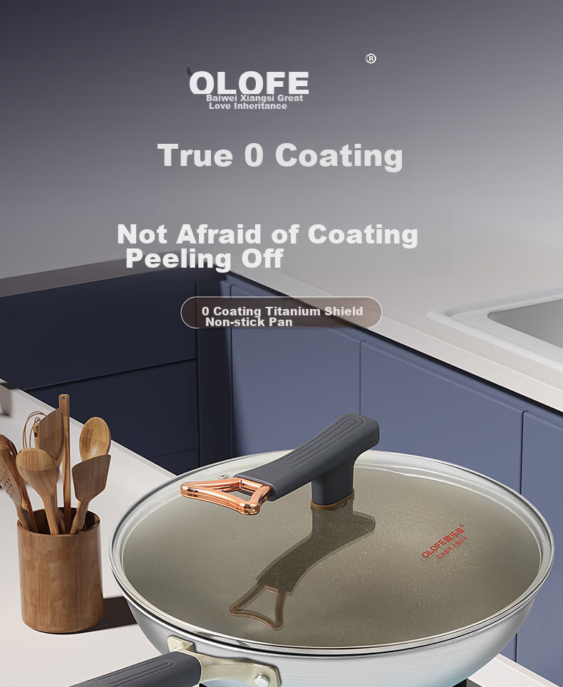 OLOFE 316L Stainless Steel Wok, Flat Bottom, Non-Coated, Chinese Mirror Finish, Seventh Generation Wok, Uncoated, Household Cooking Pan, 32cm 1