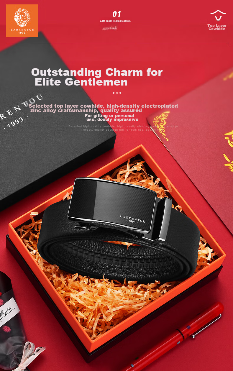 LAORENTOU Men's Belt, Top-Grain Leather, Automatic Buckle, Waist Belt for Young And Middle-Aged Men, Gift for Boyfriend's Birthday, Size 115-125 1