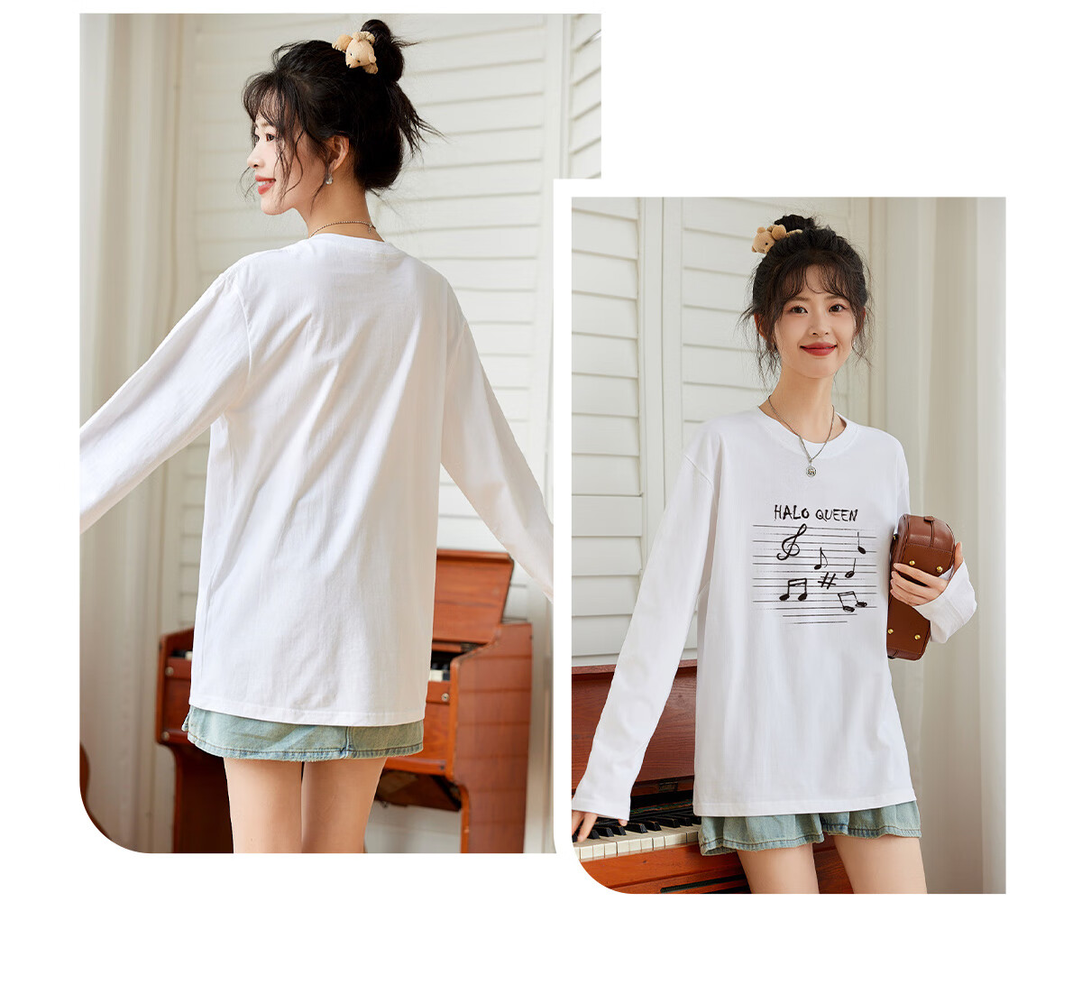 Halo Queen Women's Long Sleeve Cotton T-Shirt Spring Autumn Round Neck Letter Bow Print Casual Base Shirt New H143T2009 14