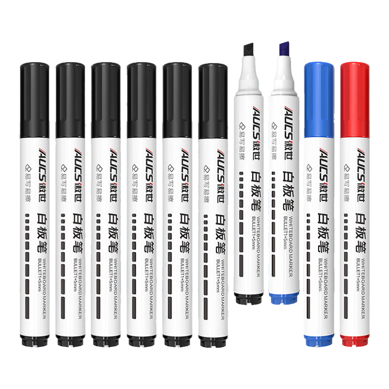 AUCS Slanted Water-Based Erasable Whiteboard Markers, English Word Letters, Office Meeting Teaching Training Children Students Colorful Pen Control Training Kindergarten Pens, 7 Black 2 Blue 1 Red/box