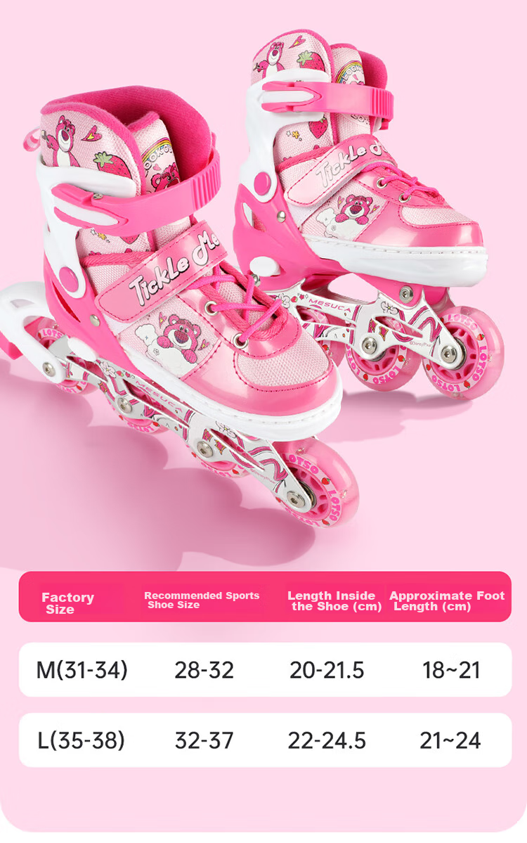 Disney Strawberry Bear Children's Roller Skates, Full Flash Inline Skates, Adjustable Ice Skates for Girls, Beginner Skating Shoes 10