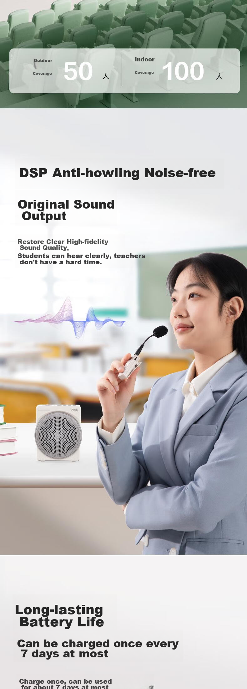 Deli 10W Little Bee Wireless Amplifier Speaker, Loud Volume Small Horn, Waist-Mounted Microphone, Tour Guide Bluetooth Card-Inserting Portable Lectern Megaphone, Teacher-Specific Gadget Pink 3