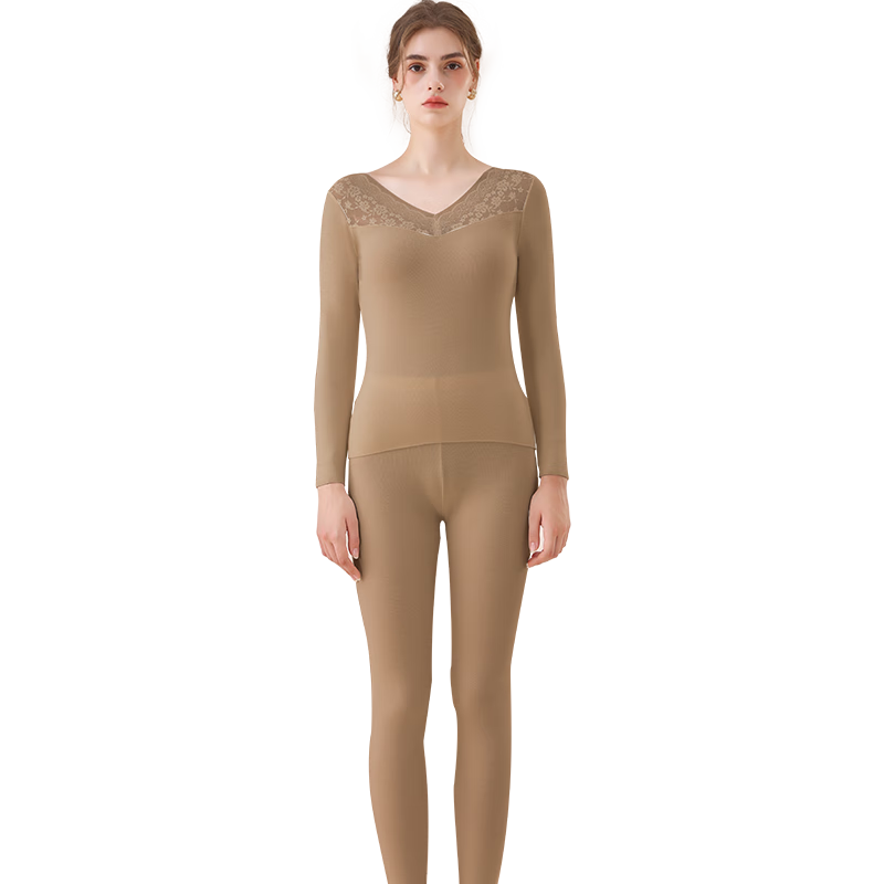 MiiOW Acrylic Thermal Women's Warm Underwear Lace Top Autumn Winter Slim Fit Base Shirt Camel Color