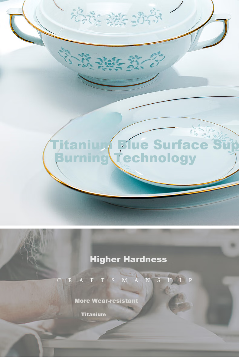 Guanpo New Gold-Rimmed Jingdezhen Underglaze Celadon Porcelain Delicate Bowl And Plate Set, Bone China Tableware Set for Home Use, Gift-Giving 8