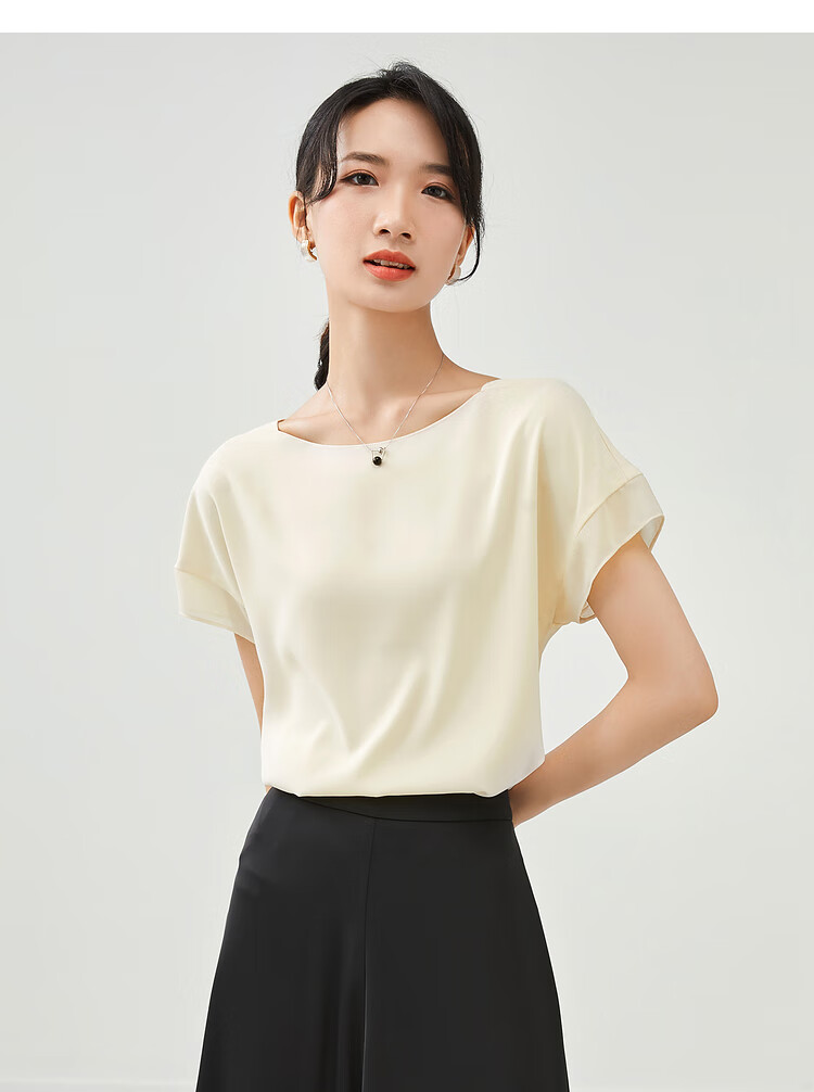 Sentubila Spliced Short-Sleeve Chiffon Blouse for Women, Slimming Tummy-Covering Top, Summer Lightweight Casual T-Shirt, Light Blue, S 19