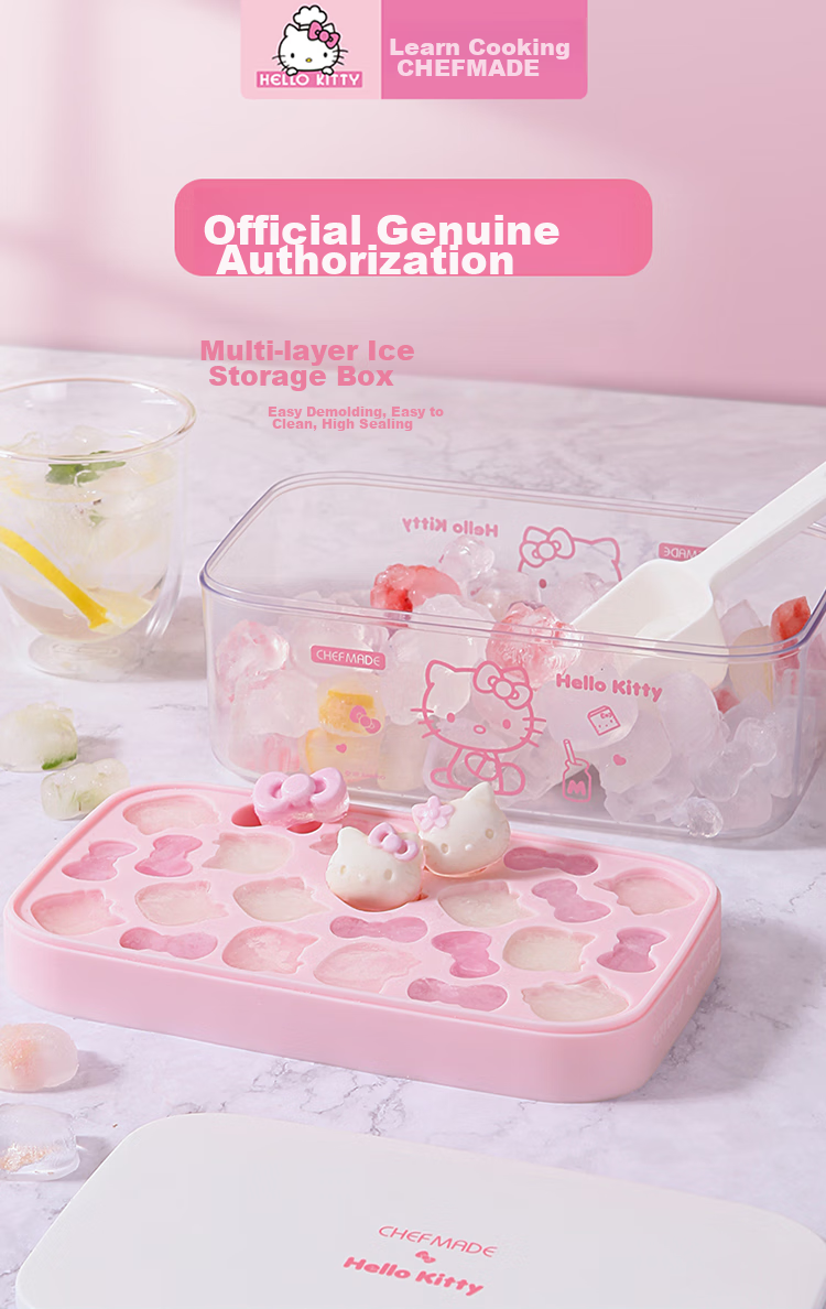 Xuechu Ice Cube Mold, HELLOKITTY Cartoon Silicone Ice Maker, with Lid, Food Storage Container, Ice Cream Mold 1