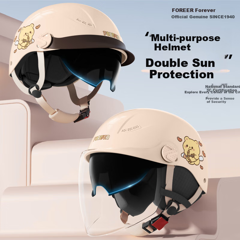 FOREVER 3C Certified Electric Vehicle Helmet for Men And Women, Half Helmet for Scooters, Winter Anti-Freeze Warm Dual Visor All-Season Motorcycle Safety Helmet C05 Naughty Pink Double Visor + Detachable Ear Protectio