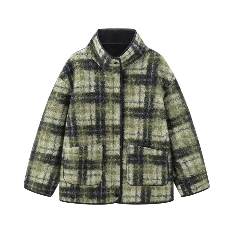 Dme [Vintage Elegant Top] Eye-Catching Plaid Green Relaxed Faux Shearling Jacket for Wome