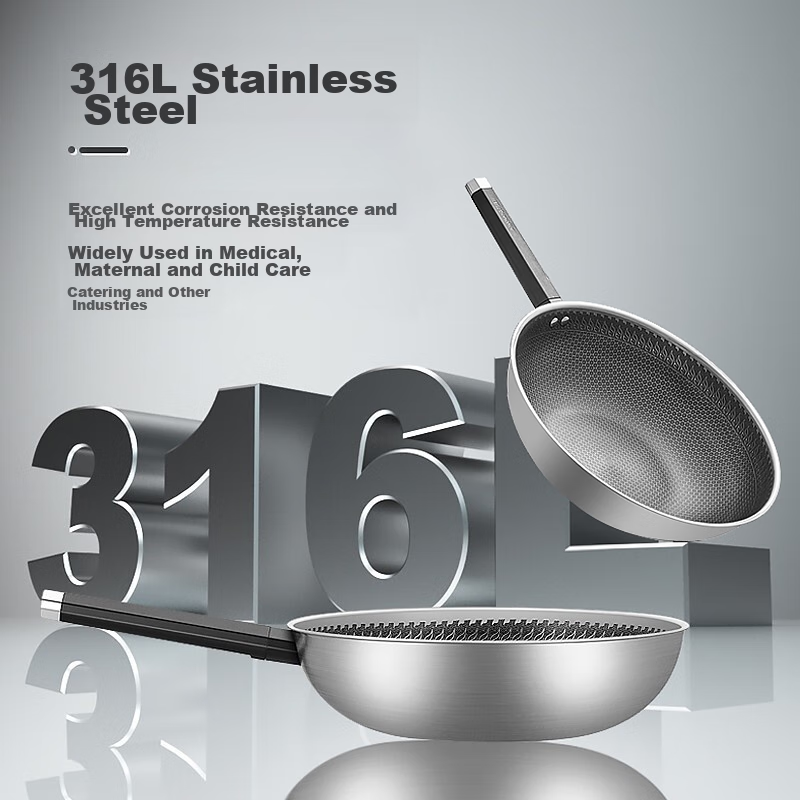 Joyoung Non-Stick Wok, 316 Stainless Steel Frying Pan, Household Stir-Fry Pan, Honeycomb Pot, Compatible with Stove, 30cm