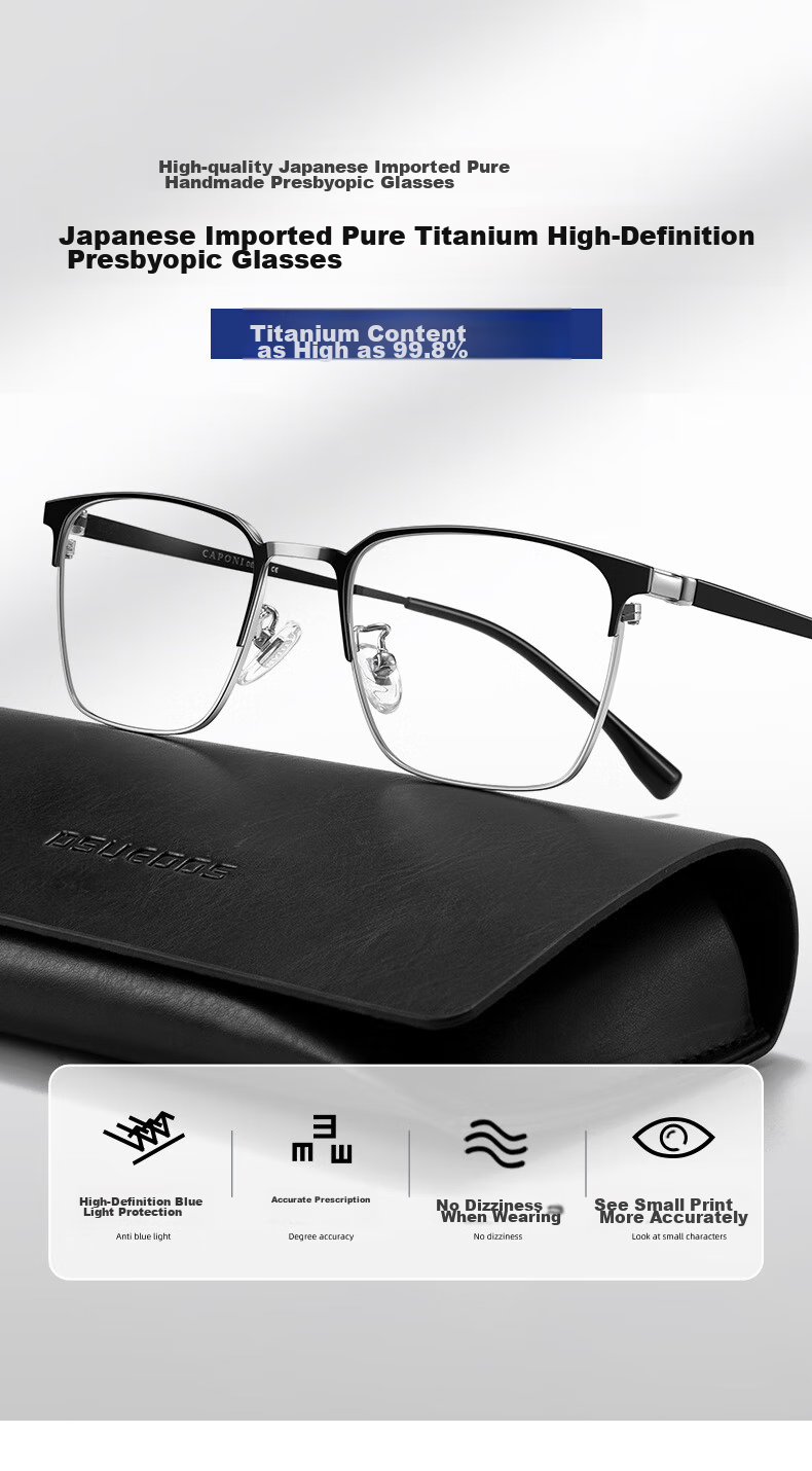 CAPONI Japanese Imported Photochromic Reading Glasses for Men, Smart Zoom Ultra-Light Semi-Rimless High-Definition Anti-Blue Light Pure Titanium Bifocal 2