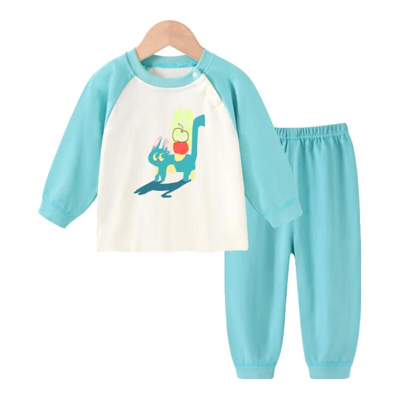 Badibadi Baby Toddler Pure Cotton Autumn Clothes Autumn Pants Pajamas Homewear Set Lake Green Apple Cat 100