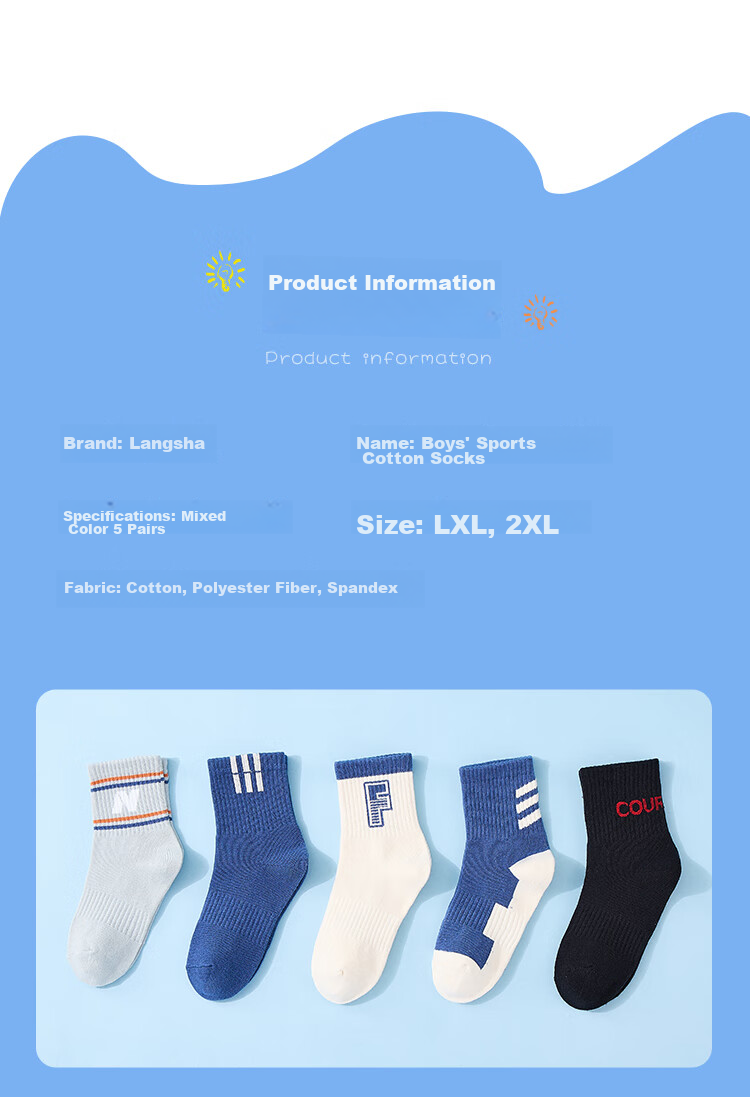 LangSha Children's Socks, Boys' Mid-Calf Cotton Socks for All Seasons, High-Elastic Breathable Comfortable Sports Socks for Older Kids And Teenagers, 5 Pairs Per Pack 5