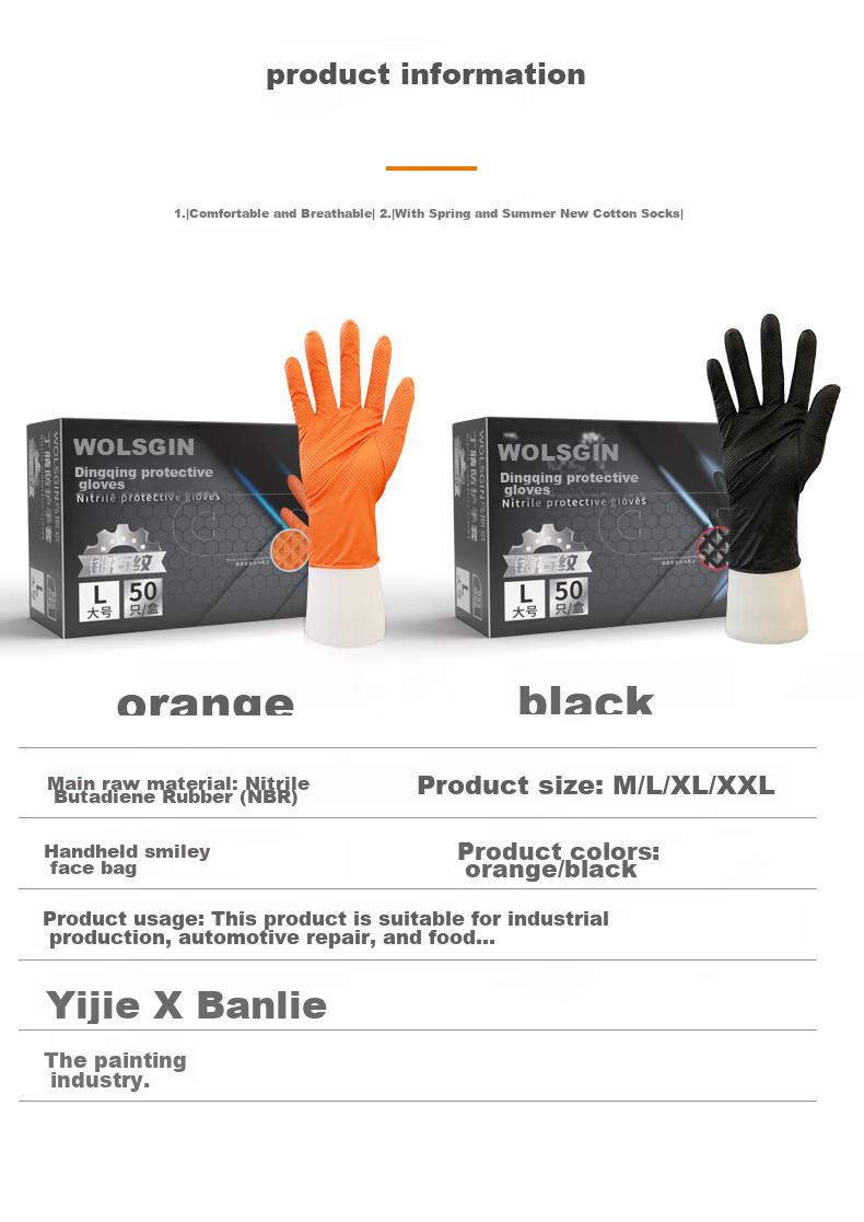 WOLSGIN Black Diamond Pattern Nitrile Gloves, 50 Large Size, Extra Thick, for Industrial Laboratory Auto Repair, Disposable 2