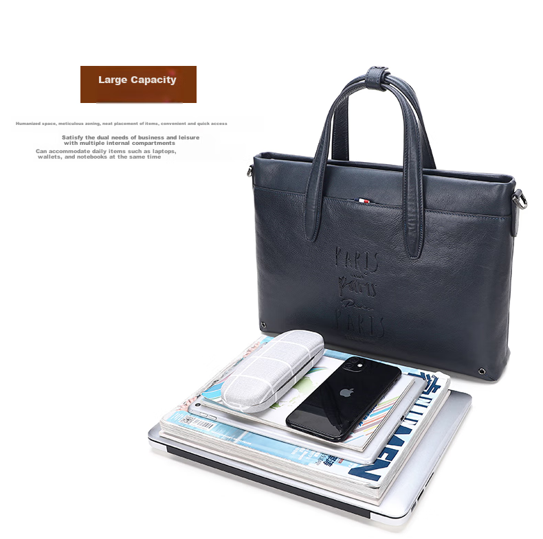ELLE HOMME Men's Business Briefcase, Trendy Multifunctional Top-Grain Leather Handbag, Casual Horizontal Style Shoulder Crossbody Bag EA988201710 Black 10