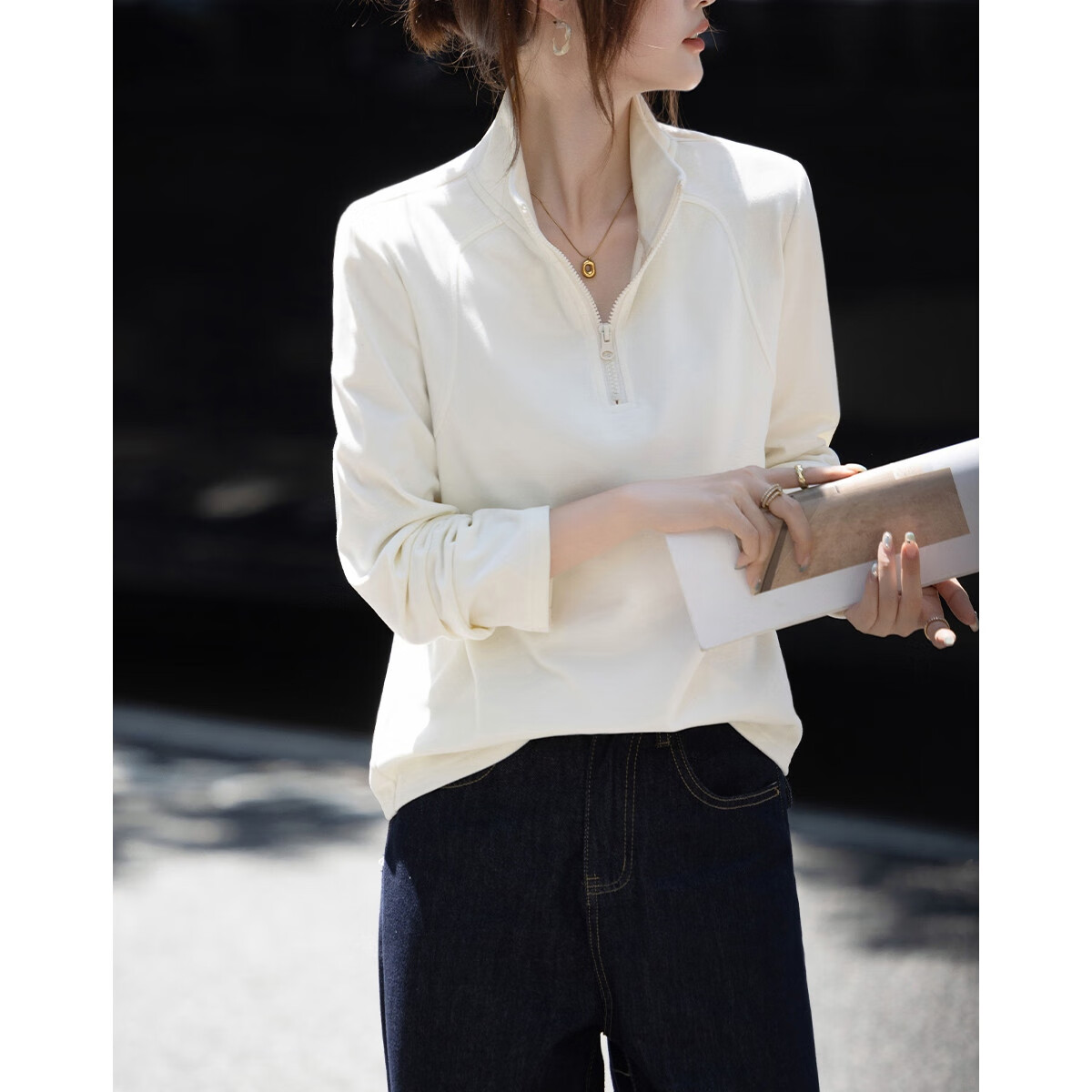 Demana [Cloud Feel Derong] Autumn Simple Style Half-Zip Stand Collar Straight Loose Small Size Sweatshirt for Women