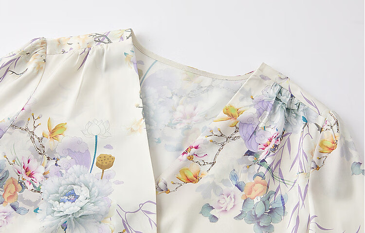 Dme Smooth Shiny Floral Print Women's Shirt, Spring And Autumn New V-Neck Long-Sleeve Blouse, Women's Plant Print Shirt 6