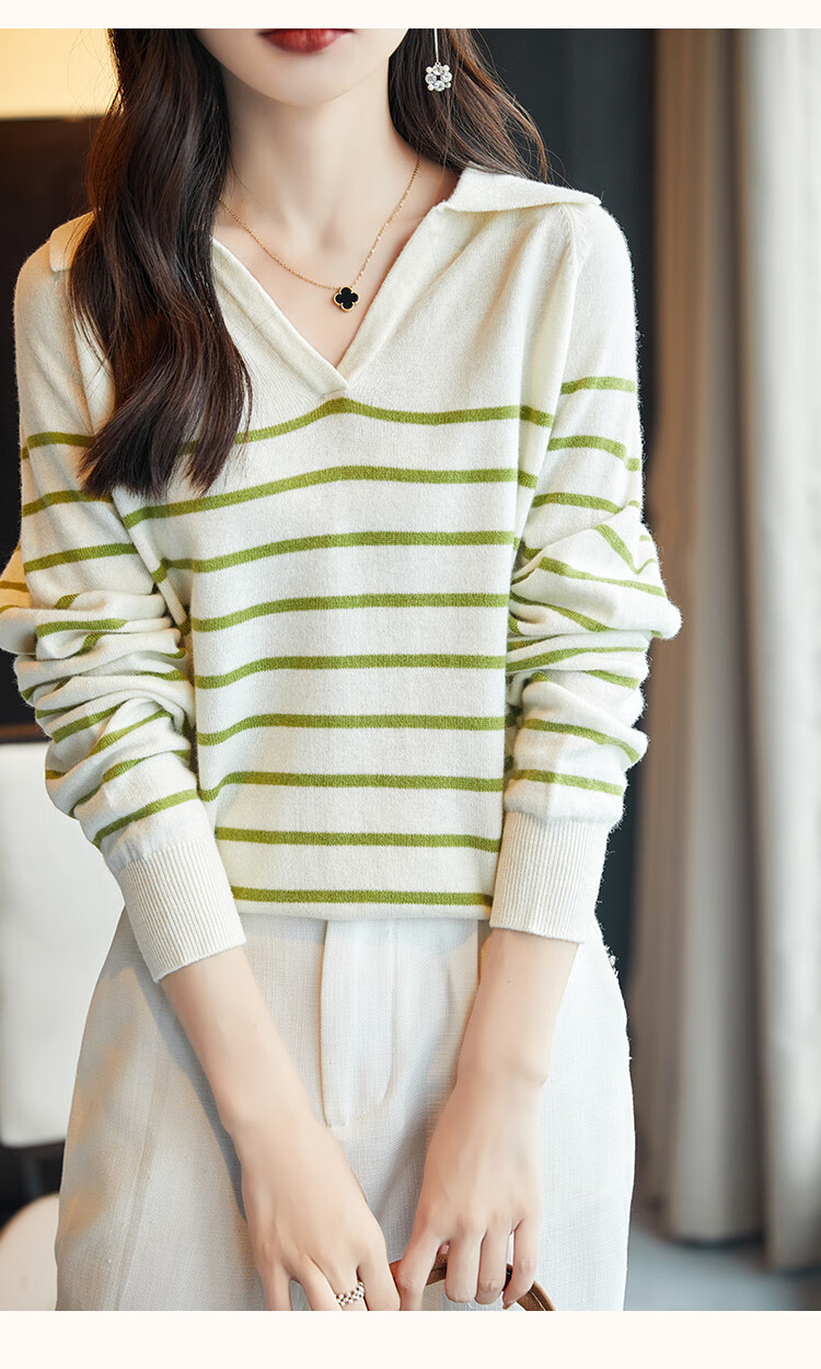 Dme Wool V-Neck Striped Sweater, Elegant And Relaxed Women's Wool Sweater, Black, L 20