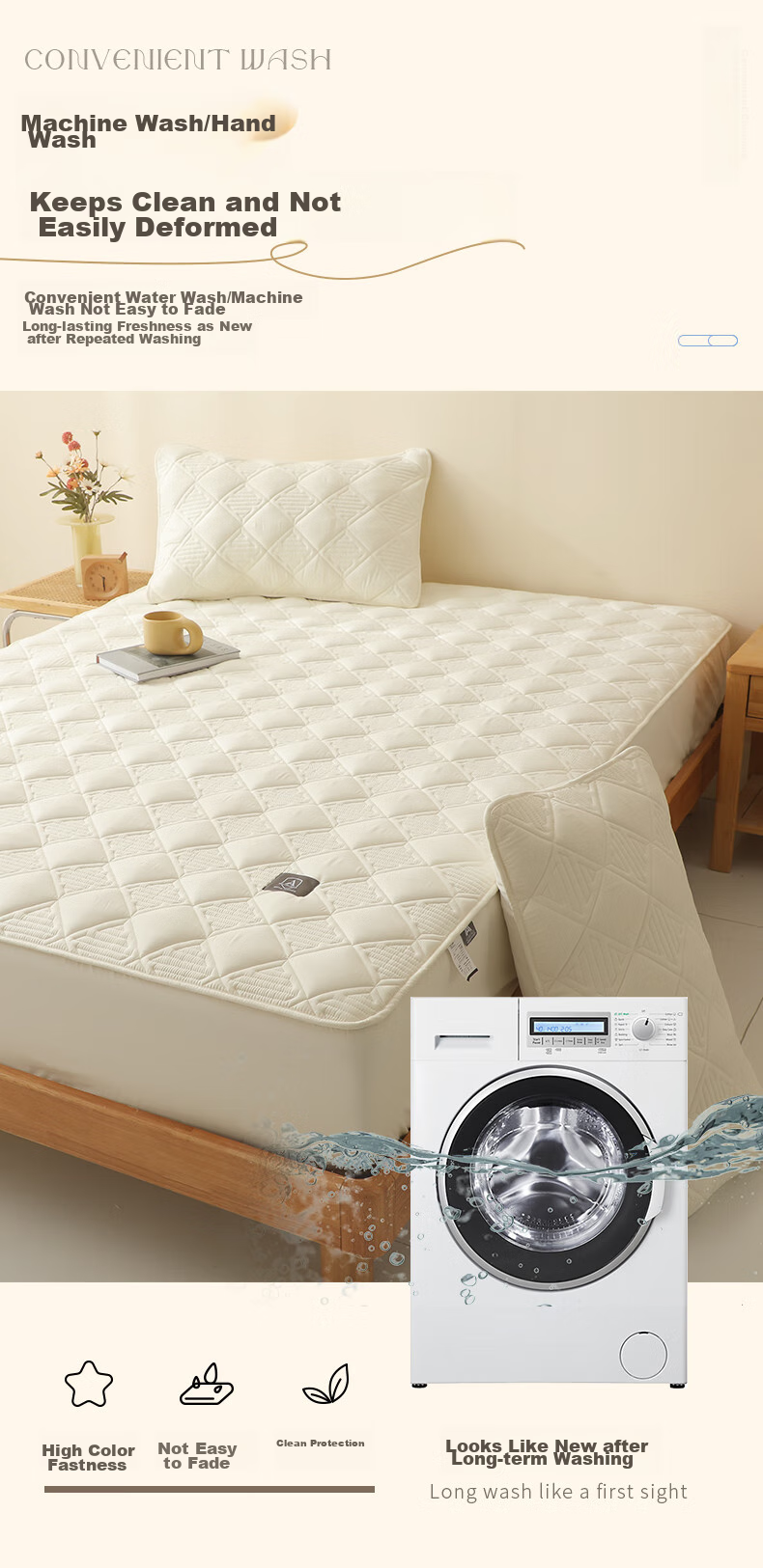 Grace Class A Antibacterial Soybean Cotton Quilted Fitted Sheet, Washable, Thickened Mattress Protector, White, 1.8m 10