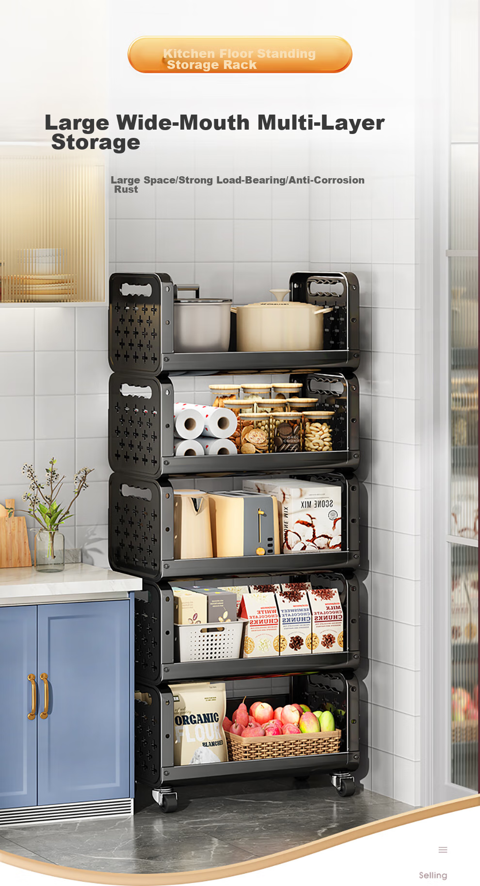 Shuaishi Kitchen Storage Rack, Fruit And Vegetable Organizer, Vegetable Shelf, Snack Trolley, Floor-Standing Basket 1
