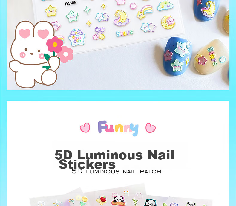Diyu Glow-In Nail Stickers for Children And Girls, Embossed Nail Art Decals, Removable Waterproof 3-Year Baby Kids Fluorescent Nail Stickers 2