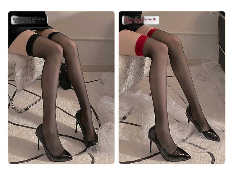 LangSha Silk Stockings for Women, Spring And Summer Ultra-Thin Sexy Over-Knee Stockings, Red Edge Black Silk Pure Seductive Style Thigh-High Patchwork Contrasting Color Thigh-High Socks 6