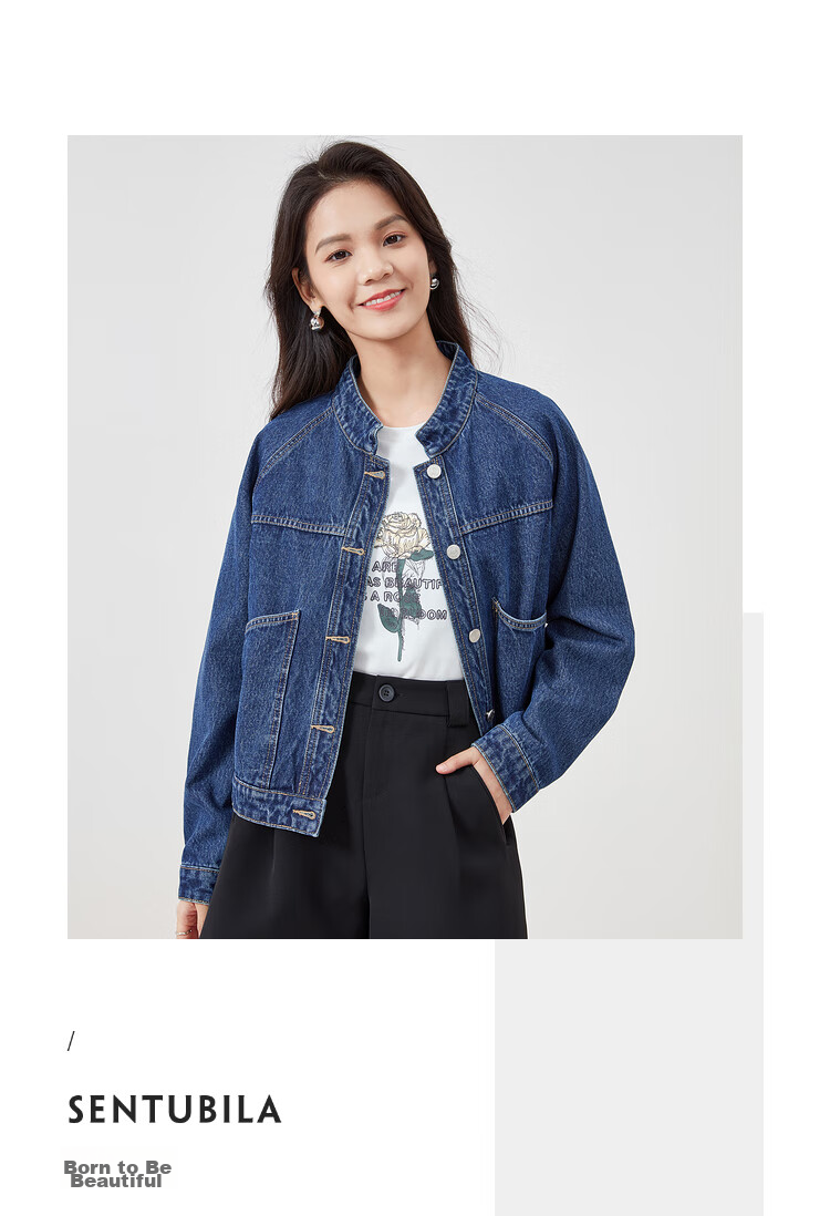 Sentubila Spring And Autumn Pure Cotton Denim Jacket, Short High-End Women's Clothing, Elegant Casual Versatile Top, Denim Blue, XL 28