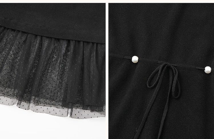 Dme [Retro Sweet Lady] Spring And Autumn Gentle Style Faux Two-Piece Pearl Drawstring Mesh A-Line Dress 9
