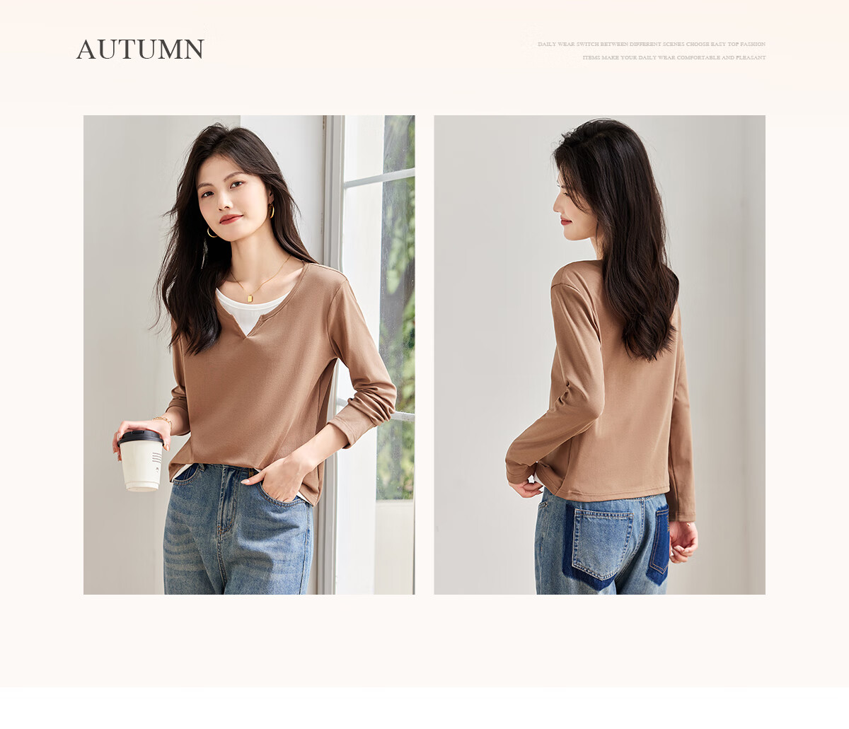 Taxiang Long-Sleeve T-Shirt for Women, Wilderness Maillard Small V-Neck Faux Two-Piece Top T-Shirt Spring Autumn Contrasting Color Base Shirt T143T2042 6