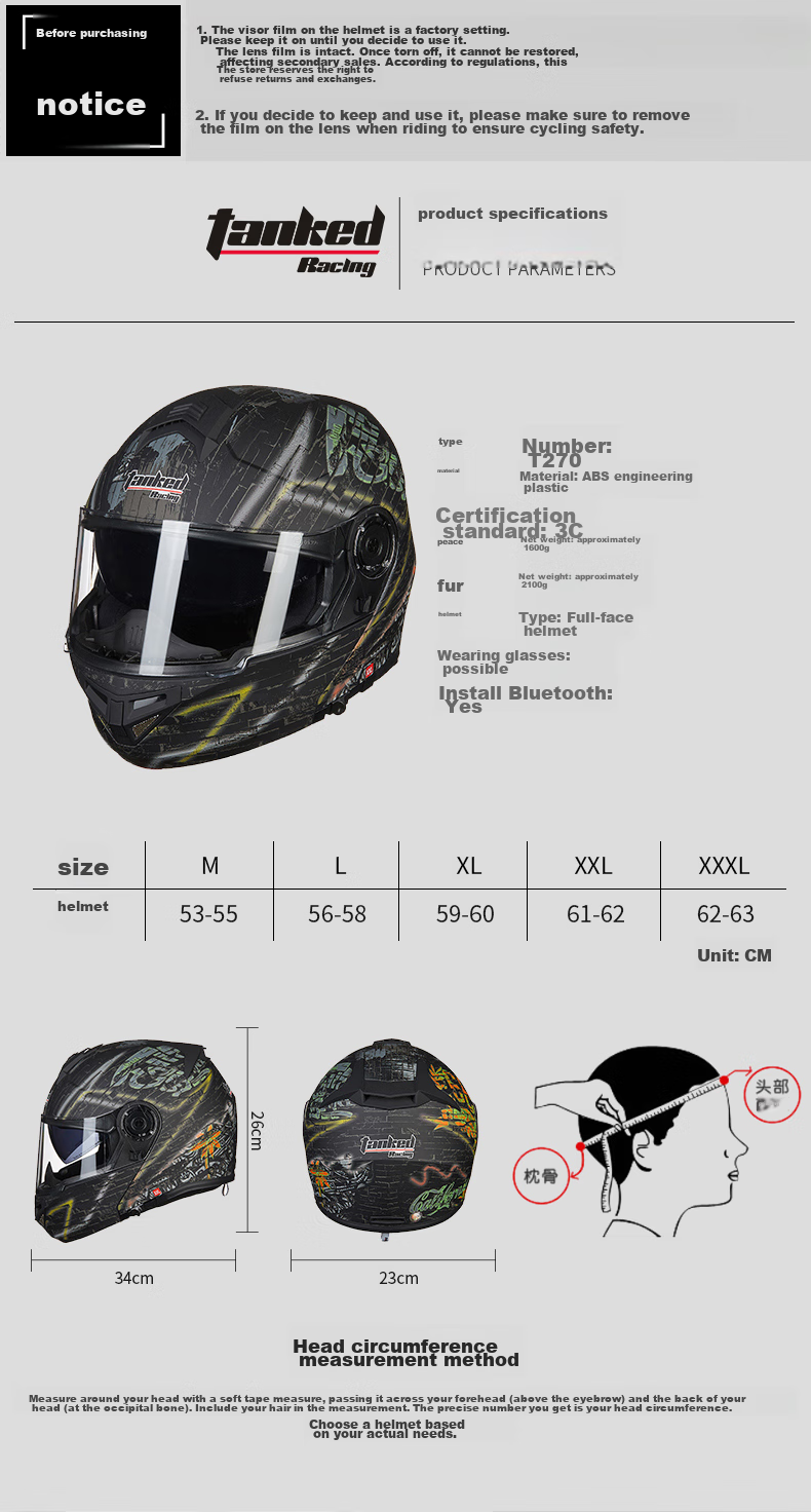 Tanked Racing Motorcycle Helmet T270 Flip-Up Helmet, 3C Certified, Dual Visor, All-Season Anti-Fog Riding Safety Helmet, Matte Black, XL 1