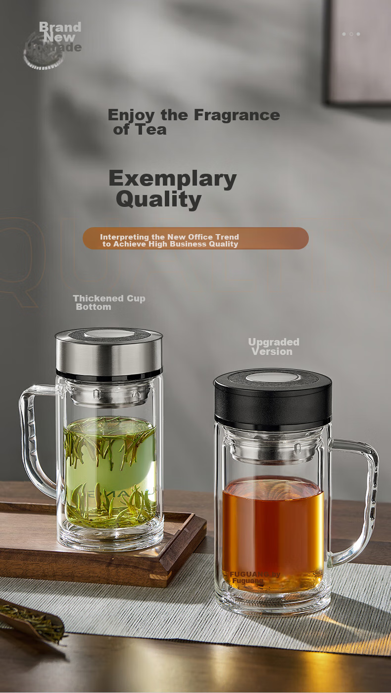 Fuguang Large Capacity High Borosilicate Double-Layer Glass Cup with Tea Strainer, Thickened Water Mug with Handle, Tea Infuser Cup, Office Mug 1
