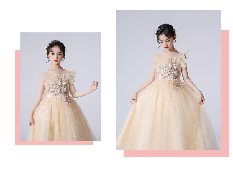 LUOBOBEIBEI Girls' Dress Princess Flower Girl Wedding Dress Piano New Year Dress Yellow Dress Size 130 2