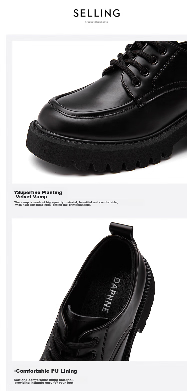 DAPHNE Women's Single Shoes, New Spring Style, British-Style Loafers, Thick-Soled Heightening Leather Shoes, Versatile Women's Footwear, Black, Size 35 11