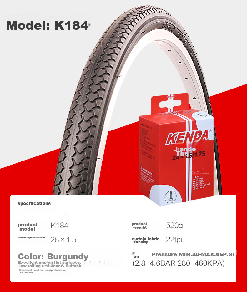 KENDA Bicycle Tire, K184 Model, 24*1.5 Inner And Outer Tires, Commuter Bike Tire, Presta Valve Inner Tube, Butyl Rubber, Black Color 8