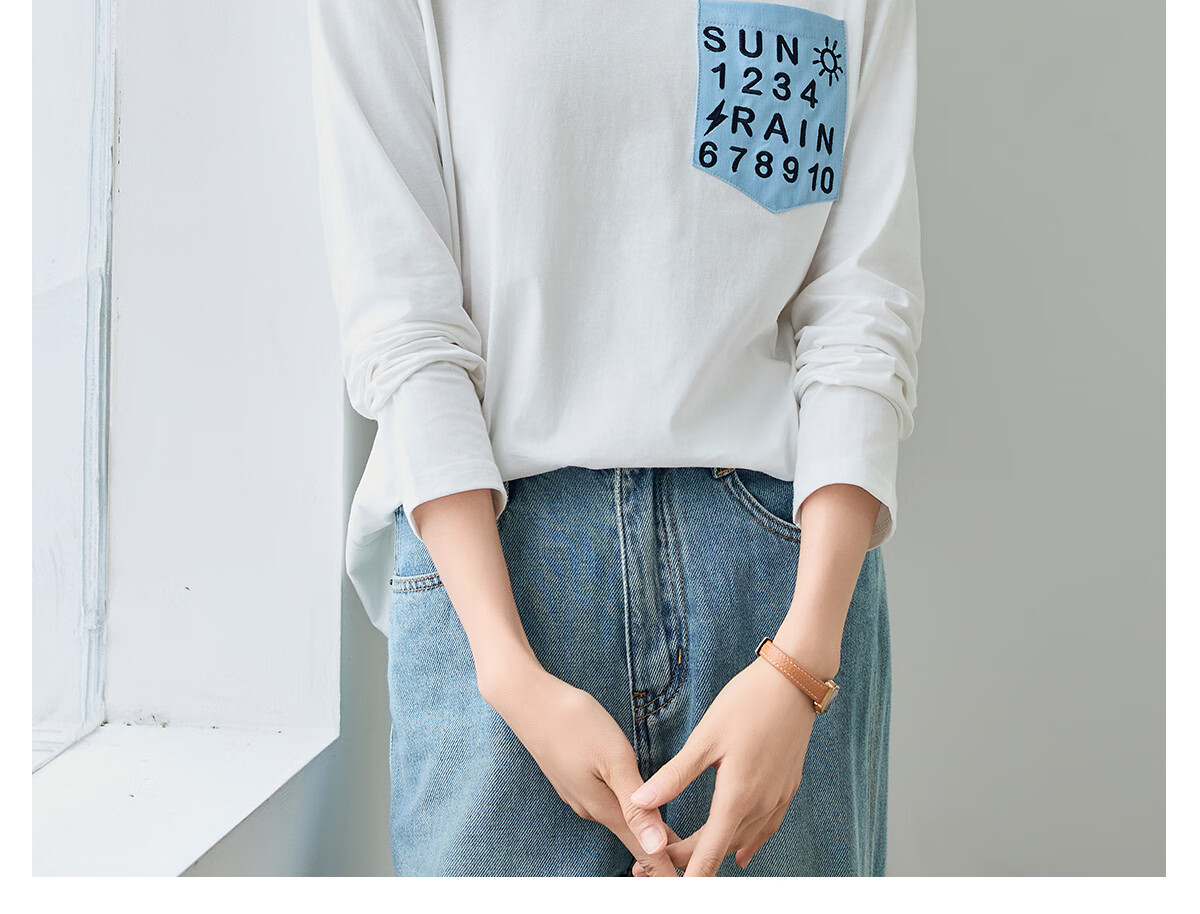 Chushen Spring And Autumn Long-Sleeve T-Shirt for Women, Versatile Letter Patchwork Round Neck Base Shirt, Casual Loose Top S143T2014 8