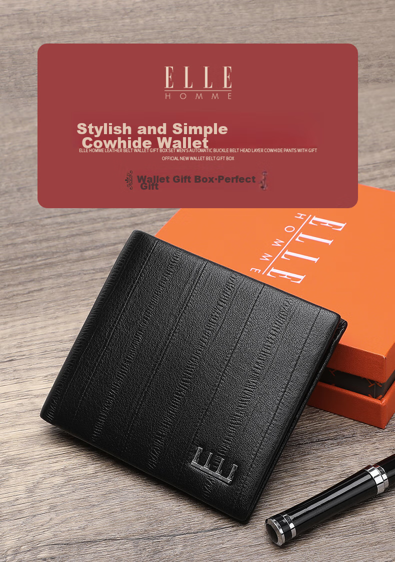 ELLE HOMME Men's Short Wallet, Top-Grain Leather Multifunctional Card Holder, Horizontal Style Billfold 2120, Birthday Gift for Me 1