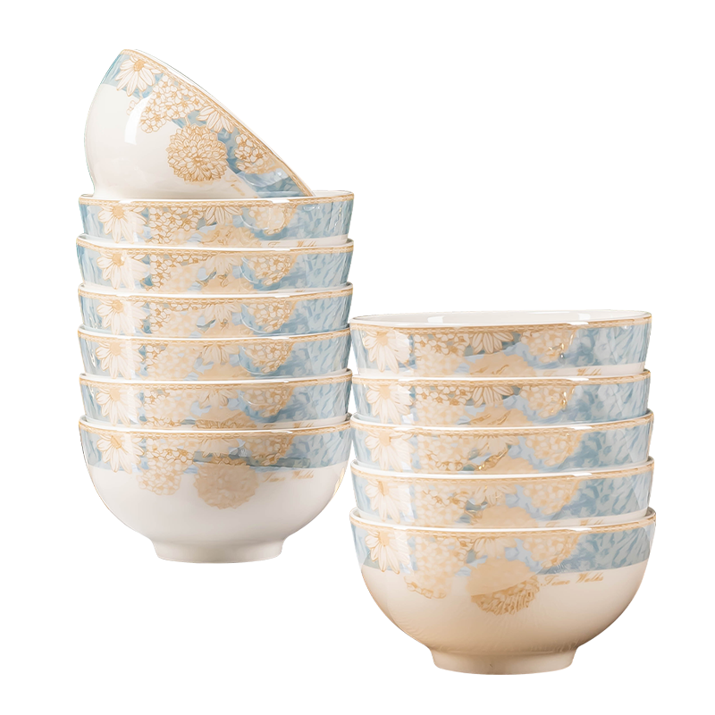 Haoya Jingdezhen Ceramic Tableware Set: Rice Bowls, Soup Bowls, Noodle Bowls, Rice Bowls - Time Walk Series, Set of 10