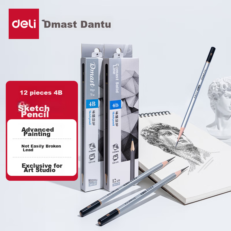Deli Drawing Pencils, 12 Pieces, 4B Sketch Pencils, Hexagonal Shaft Writing Black Lead for Students, Art Sketching Engineering Drawing Pencils, Specialized for Beginners, Back-To Stationery