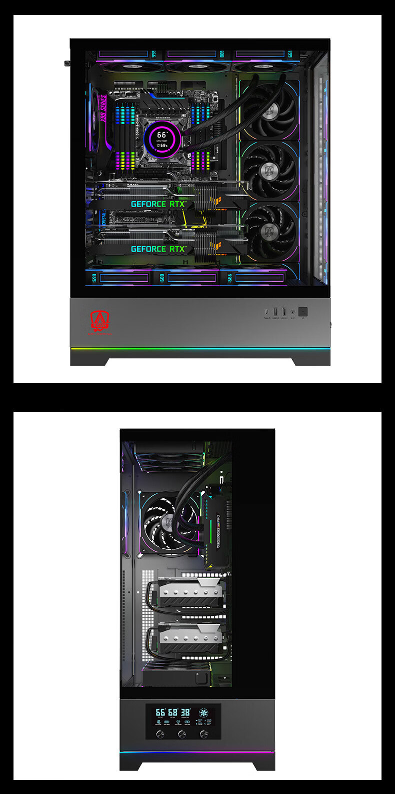 AOC ACG880B Black EATX Gaming PC Case, 270° Panoramic View Quick-Release Design, 9-Slot Dual Graphics Card Support, Compatible with 480mm Water Cooling, Digital Display Scree 8
