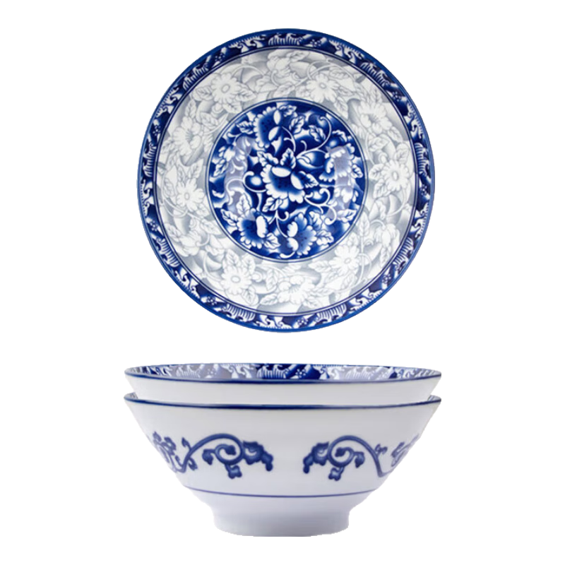 Huaqingge Household Tang-Style Blue And White Porcelain 6.8-Inch Noodle Bowl, 2-Piece Set, Heat-Resistant, Microwave And Dishwasher Safe