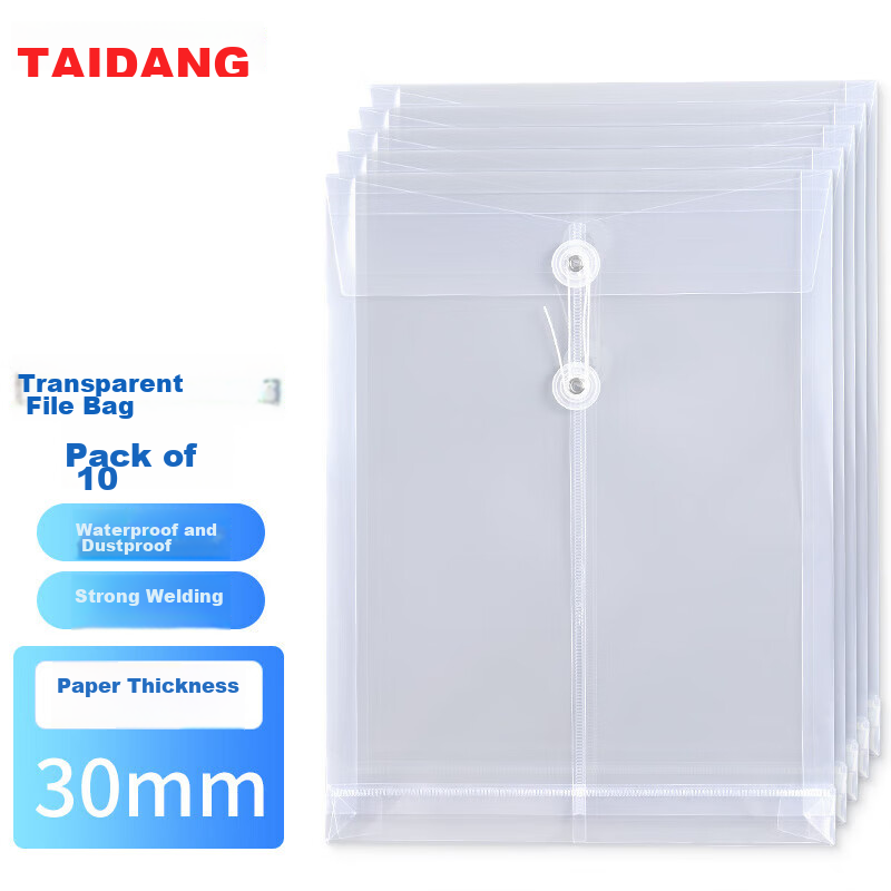 Taidang 10 Transparent File Folders, 3cm Plastic A4 Size, Waterproof Document Bags, PP Office File Storage, Thickened Version TA02155