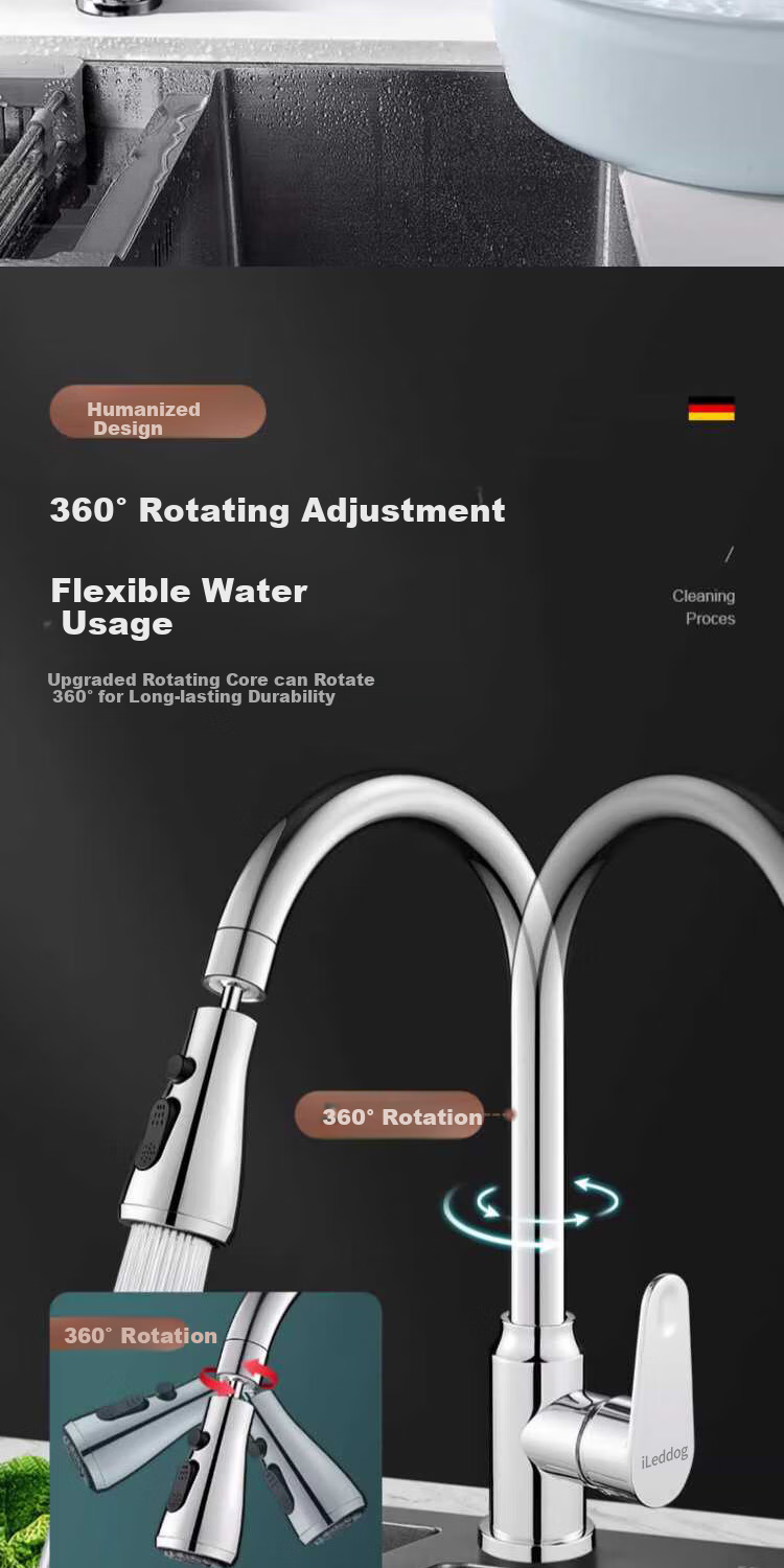 ILeddog [Germany] Kitchen Faucet with Filter, Vegetable Washing Basin, Hot And Cold Water, Stainless Steel Swivel Anti-Splash Tap GY2D 6