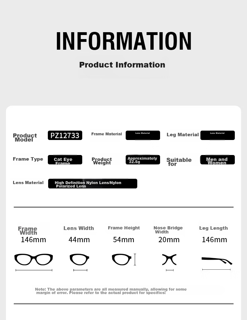 PARZIN Sunglasses, Fan Chengcheng Style Fashionable Cat-Eye Narrow Frame Glasses, Sun Protection Driving Sunglasses, PZ12733 12
