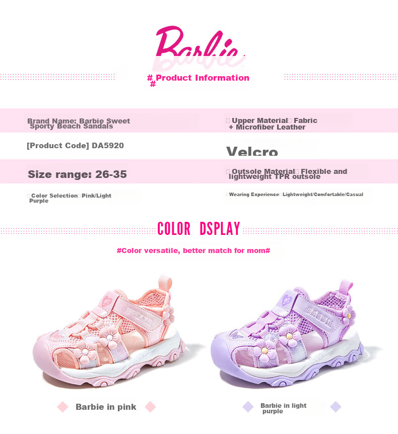 Barbie Children's Sandals, Summer Kids' Sandals with Small Floral Decoration, Closed-Toe Beach Sandals for Girls, DA5920, Light Purple, Size 26 6