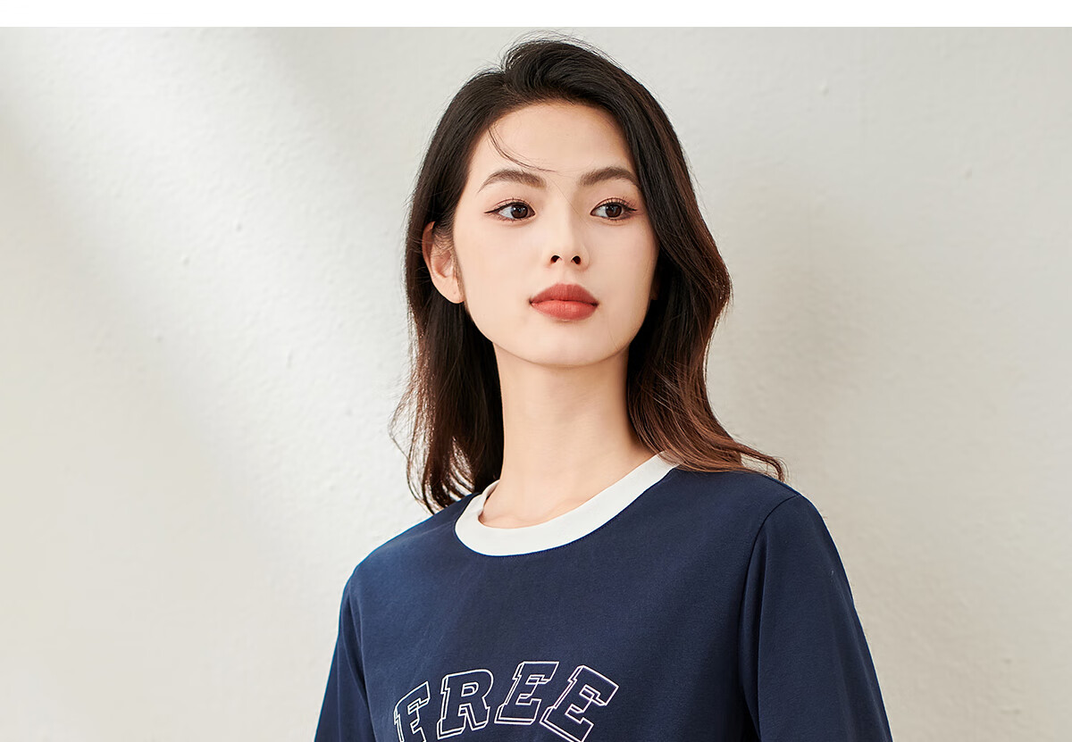 Chushen Spring And Autumn Long-Sleeve T-Shirt for Women, Round Neck with Letter Print, Versatile Color-Block Layering, Commuter Base Shirt Top S143T2024 15