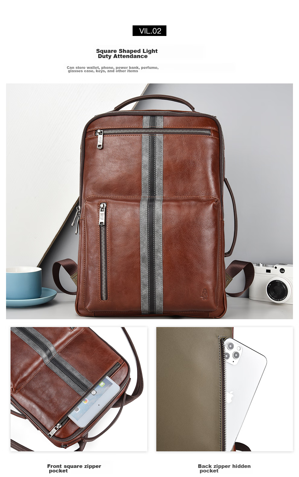 Hush Puppies Leather Backpack for Men, Large Capacity Multifunctional Laptop Bag, 15.6-Inch Travel Business Birthday Gift 3