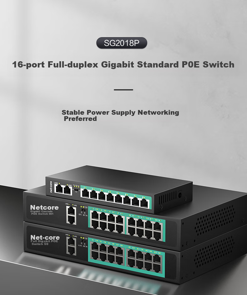 Netcore SG2018P, 18-Port Gigabit POE Switch, 16 Gigabit POE Ports + 2 Gigabit Cascading Ports, Surveillance Network Cable Splitter, Enterprise-Level Switch 1