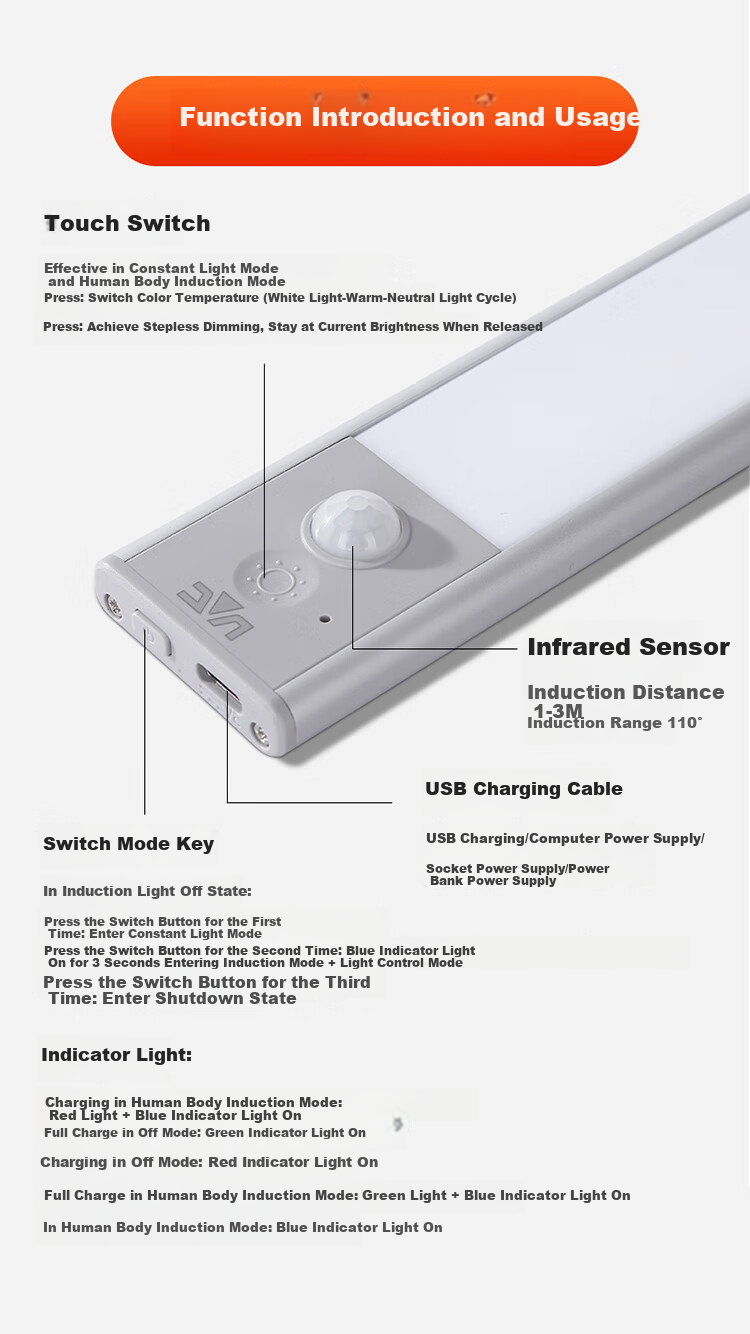 NVC Valentine's Day Cool Dormitory Cabinet Light, Bathroom Night Light, Three-Color Touch Control, Sensor-Activated Dimming 14
