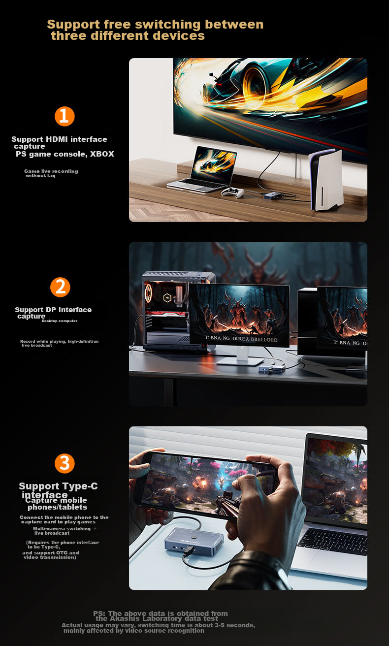 Acasis Video Capture Card, 4K 60Hz HD Video DP Capture Card, Multi-Channel Live Streaming Dedicated Switcher for Studio, HDMI/DP/Type-C Compatible, Phone Camera Recording, VC-008 9